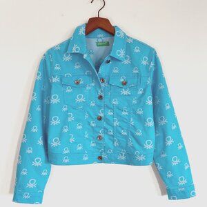 United Colors Benetton Aqua Blue Funky Print Lightweight Crop Jacket Size Small